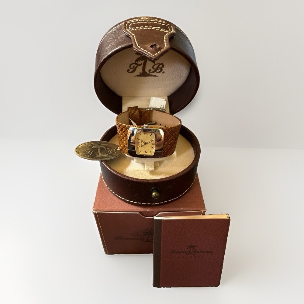 Tommy Bahama TB 2041 Ladies Wide Woven Brown Leather Band Watch Sterling Silver